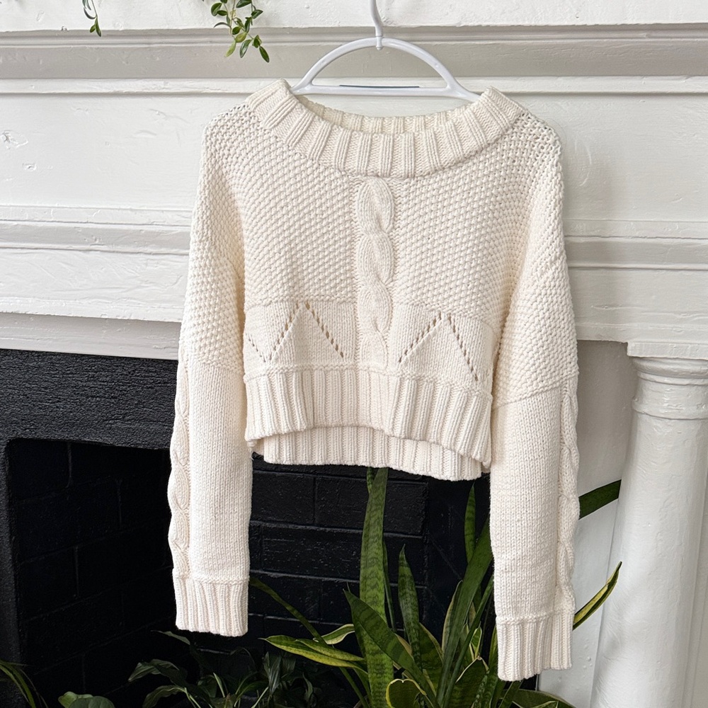525 America Cream Cable-Knit Cropped Sweater
